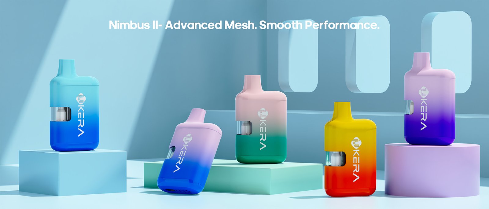 UkeraLab uKERA Nimbus II disposable vape desktop website banner featuring the text 'Nimbus II - Advanced Mesh. Smooth Performance.' alongside five vibrant gradient colorways displayed on brightly lit pastel geometric podiums.